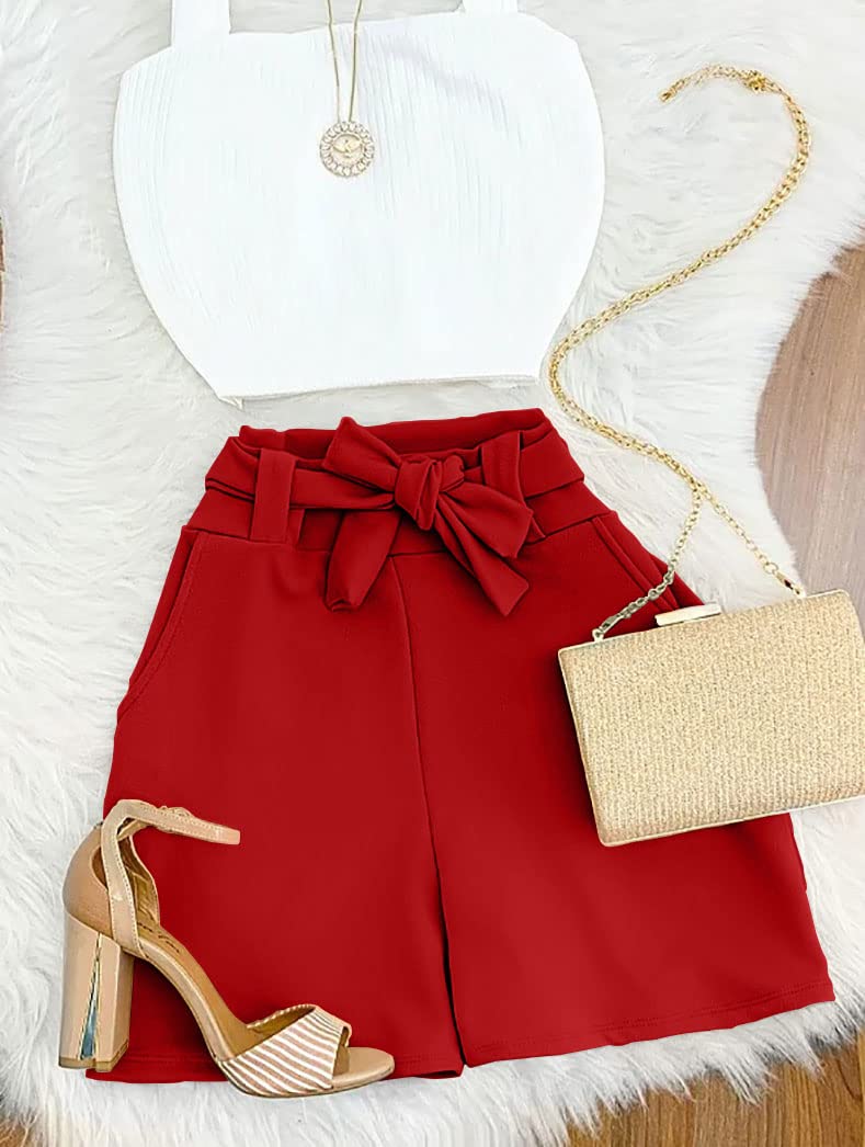 GOBLES Womens Summer Casual Shorts High Waist Ruffle Bow Tie Shorts Red - Image 3